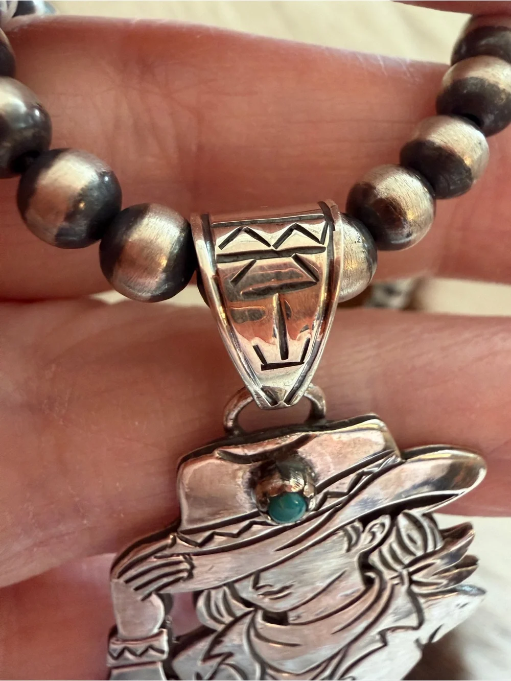 ❤️ Hand Stamped Sterling 925 Cowgirl Pendant w Turquoise Accent Decorative Bail